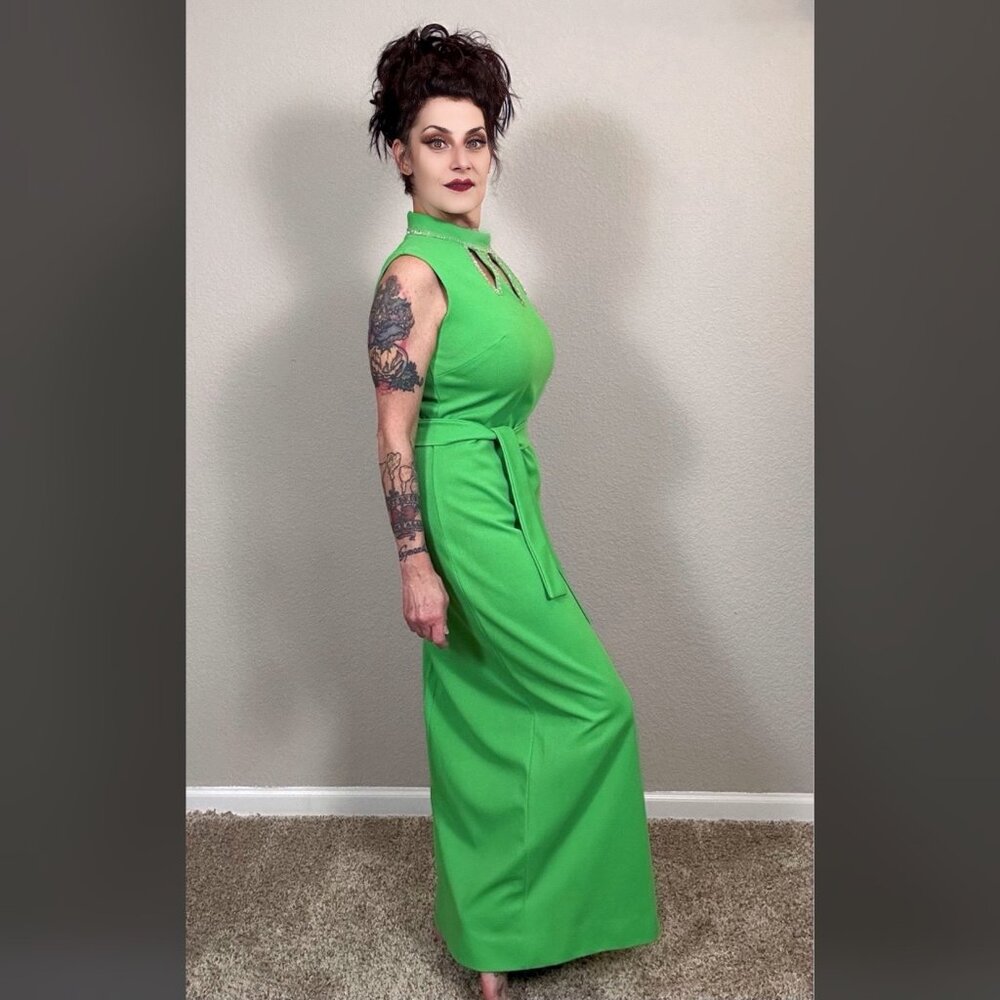 60s Bright Green Maxi Sheath Column Dress Rhinestone MCM Mod Rockabilly Pinup M - Picture 9 of 15